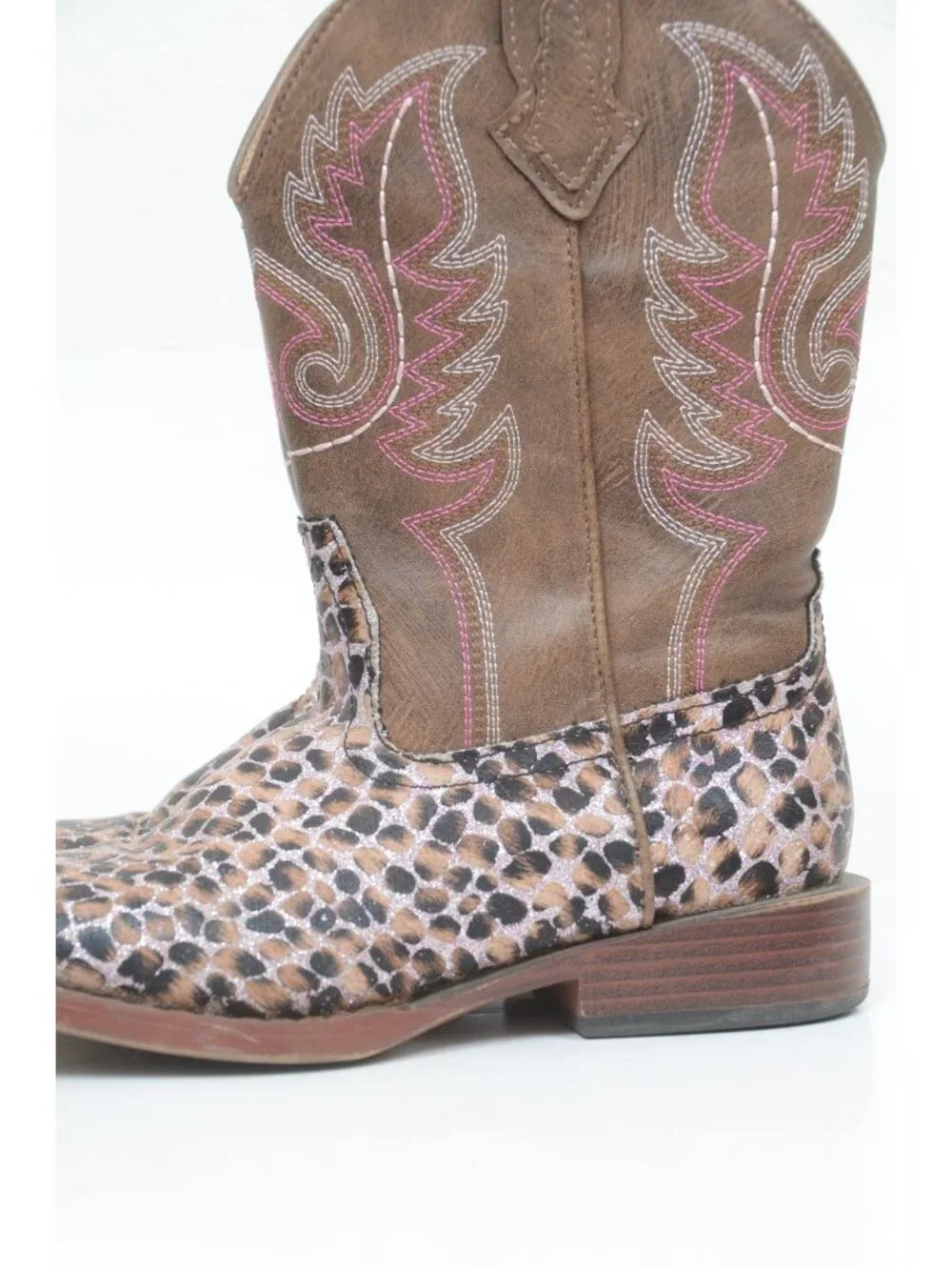 Roper Girls' Size 13 Glitter Leopard Western Boots - Square Toe Cowgirl Bootie